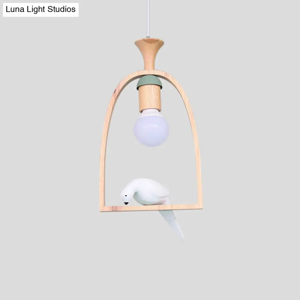 Nordic Green/White Hanging Pendant Ceiling Light With Wood Frame And Bird Decoration - Single