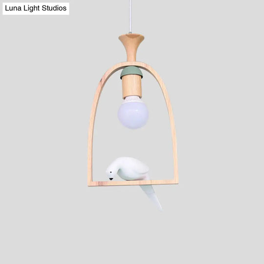 Nordic Green/White Hanging Pendant Ceiling Light With Wood Frame And Bird Decoration - Single