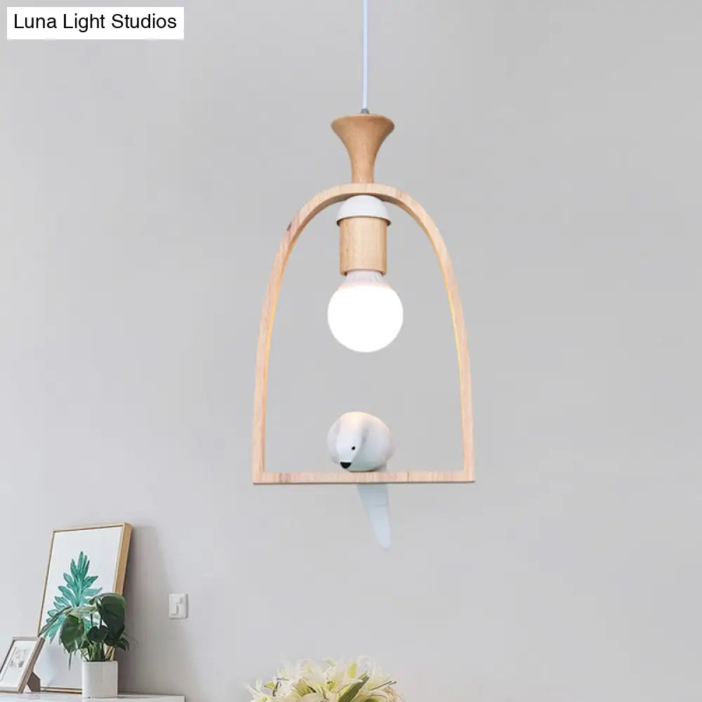 Nordic Green/White Pendant Ceiling Light With Arch Wood Frame And Bird Decoration - Single Dinette