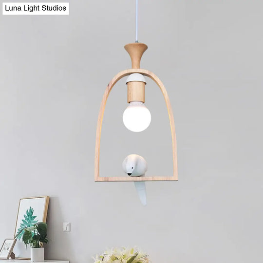 Nordic Green/White Hanging Pendant Ceiling Light With Wood Frame And Bird Decoration - Single