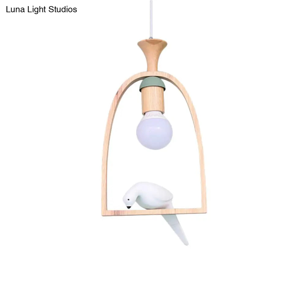 Nordic Green/White Hanging Pendant Ceiling Light With Wood Frame And Bird Decoration - Single