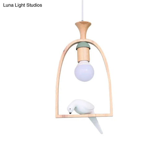 Nordic Green/White Hanging Pendant Ceiling Light With Wood Frame And Bird Decoration - Single