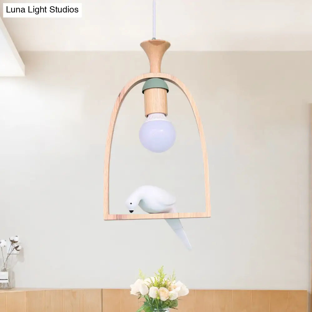 Nordic Green/White Hanging Pendant Ceiling Light With Wood Frame And Bird Decoration - Single