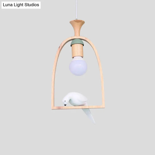 Nordic Green/White Pendant Ceiling Light With Arch Wood Frame And Bird Decoration - Single Dinette