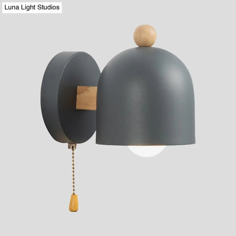 Nordic Grey Dome Pull-Chain Wall Lamp With Wood Detail For Bedroom Lighting (1 Bulb)