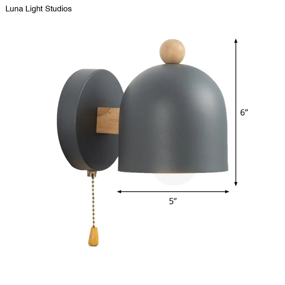 Nordic Grey Dome Pull-Chain Wall Lamp With Wood Detail For Bedroom Lighting (1 Bulb)