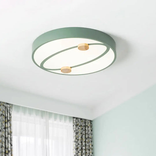 Nordic Grey/White/Green Led Flush Mount Ceiling Light With Rounded Acrylic Design And Round Wood