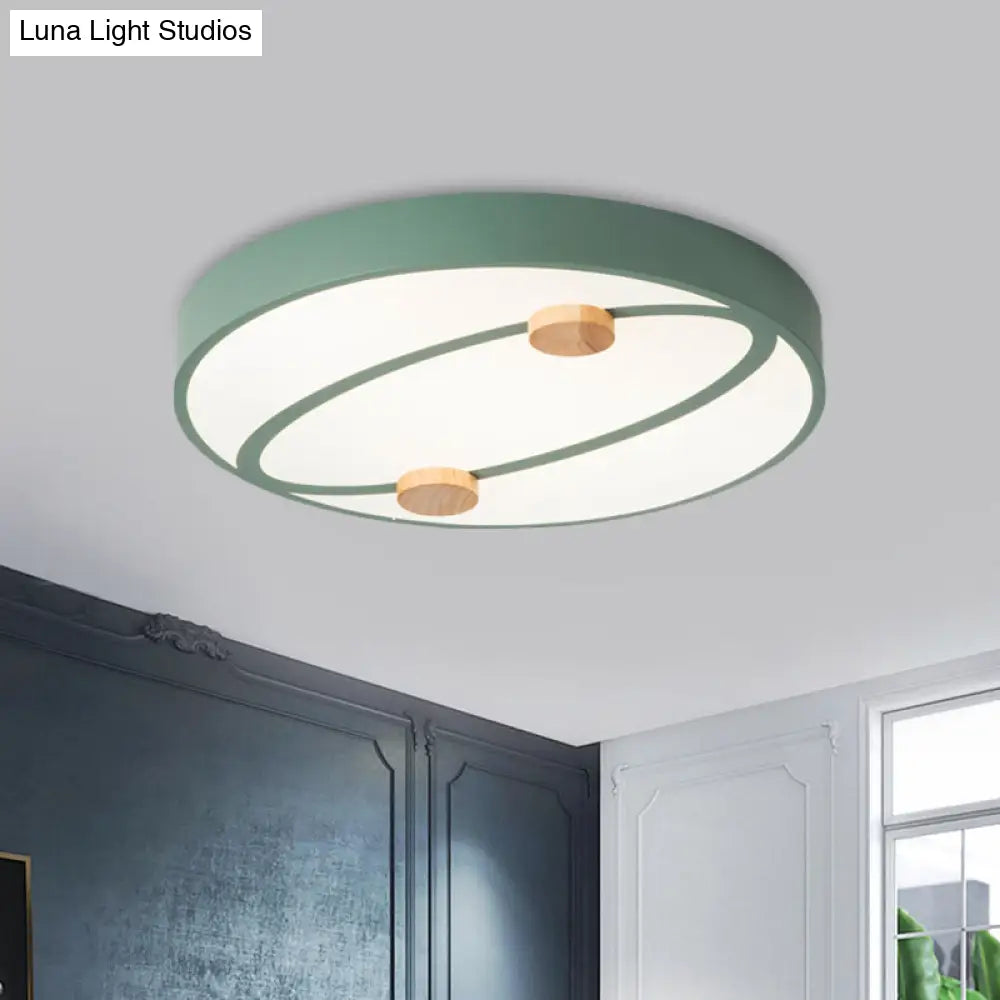 Nordic Grey/White/Green Led Flush Mount Ceiling Light With Rounded Acrylic Design And Round Wood