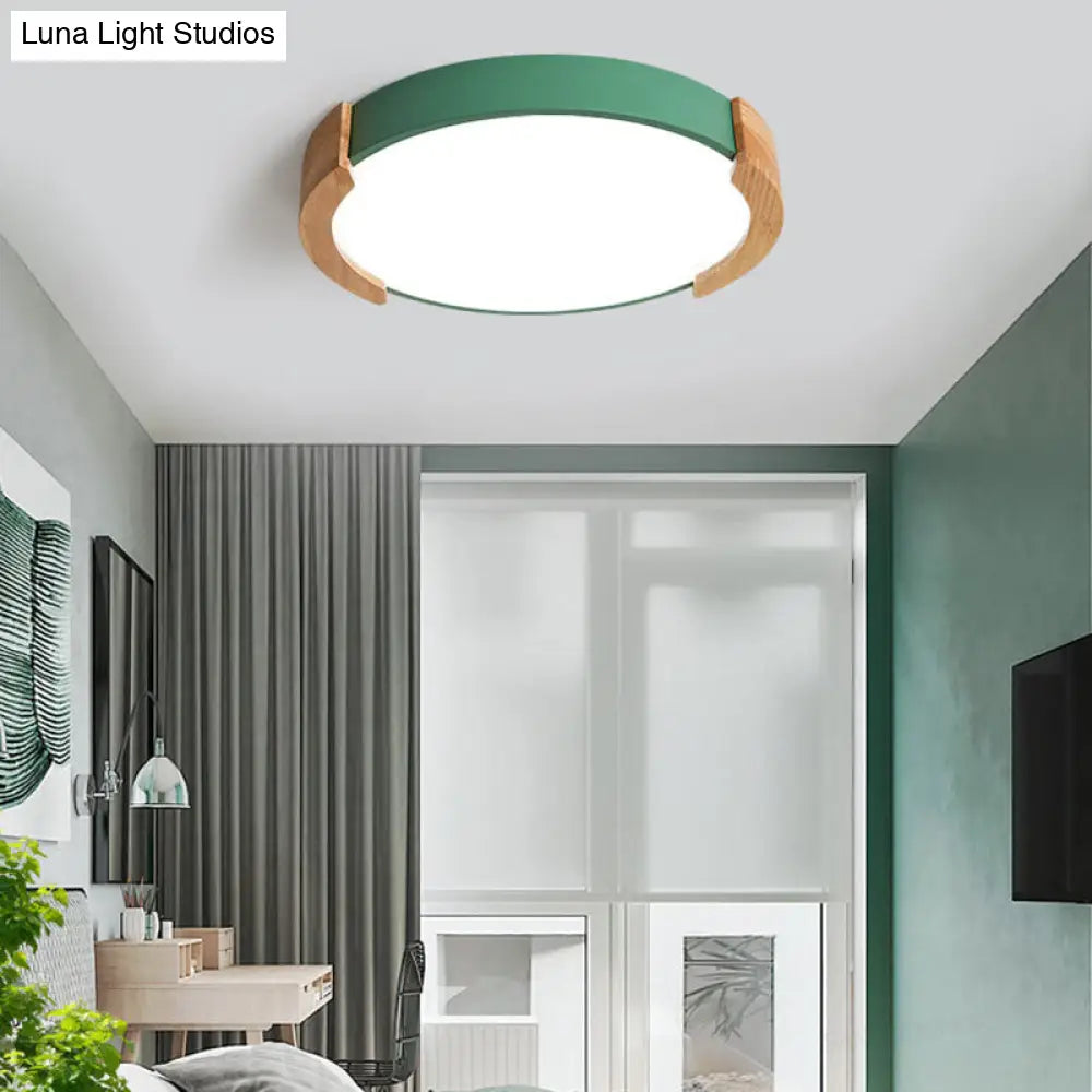 Nordic Grey/White/Green Round Flush Light With Wood Side Guard - Ceiling Mounted Fixture For Bedroom