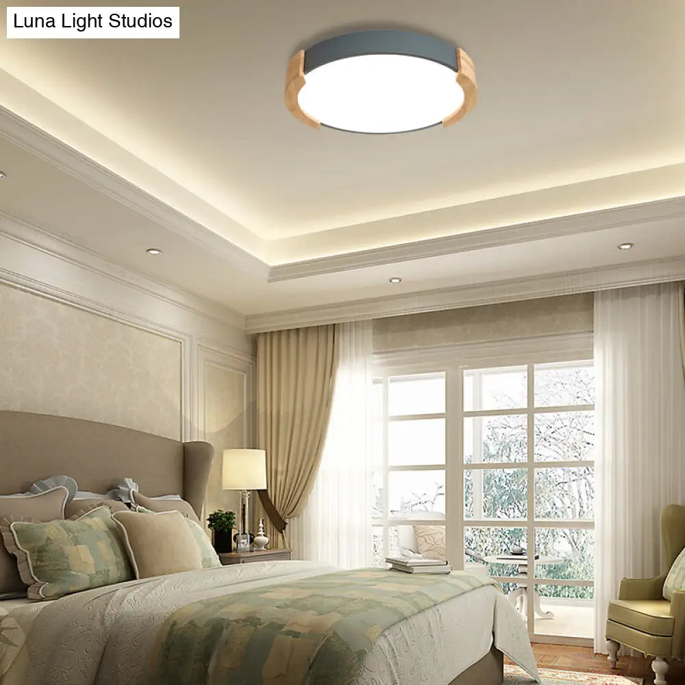 Nordic Grey/White/Green Round Flush Light With Wood Side Guard - Ceiling Mounted Fixture For Bedroom