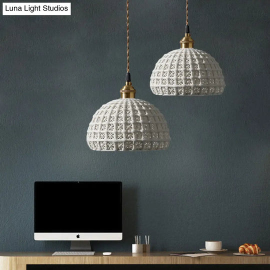 Nordic Grid Dome Pendant Light - 6.5’/8’ Single Bulb Ceramic Hanging Lamp For Dining Room &