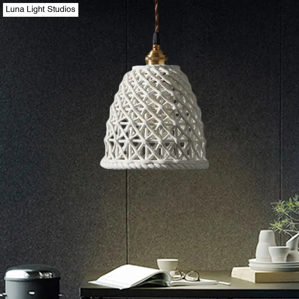 Nordic Grid Dome Pendant Light - 6.5’/8’ Single Bulb Ceramic Hanging Lamp For Dining Room &