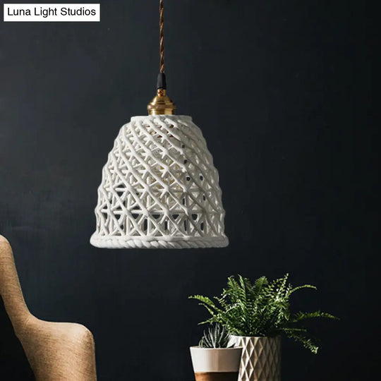 Nordic Grid Dome Pendant Light - 6.5’/8’ Single Bulb Ceramic Hanging Lamp For Dining Room &