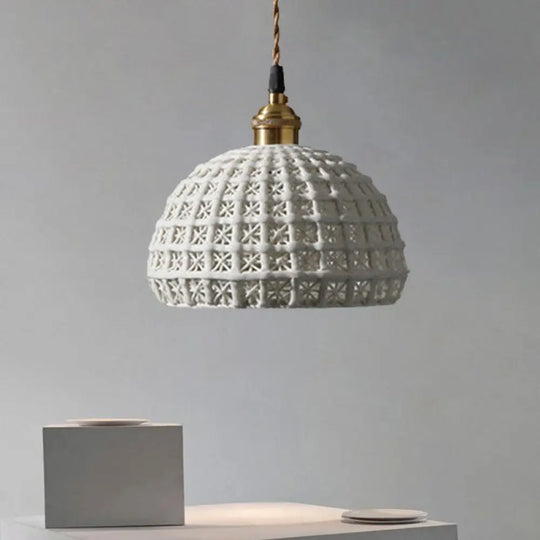 Nordic Grid Dome Pendant Light - 6.5’/8’ Single Bulb Ceramic Hanging Lamp For Dining Room &