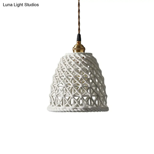 Nordic Grid Dome Pendant Light - 6.5’/8’ Single Bulb Ceramic Hanging Lamp For Dining Room &