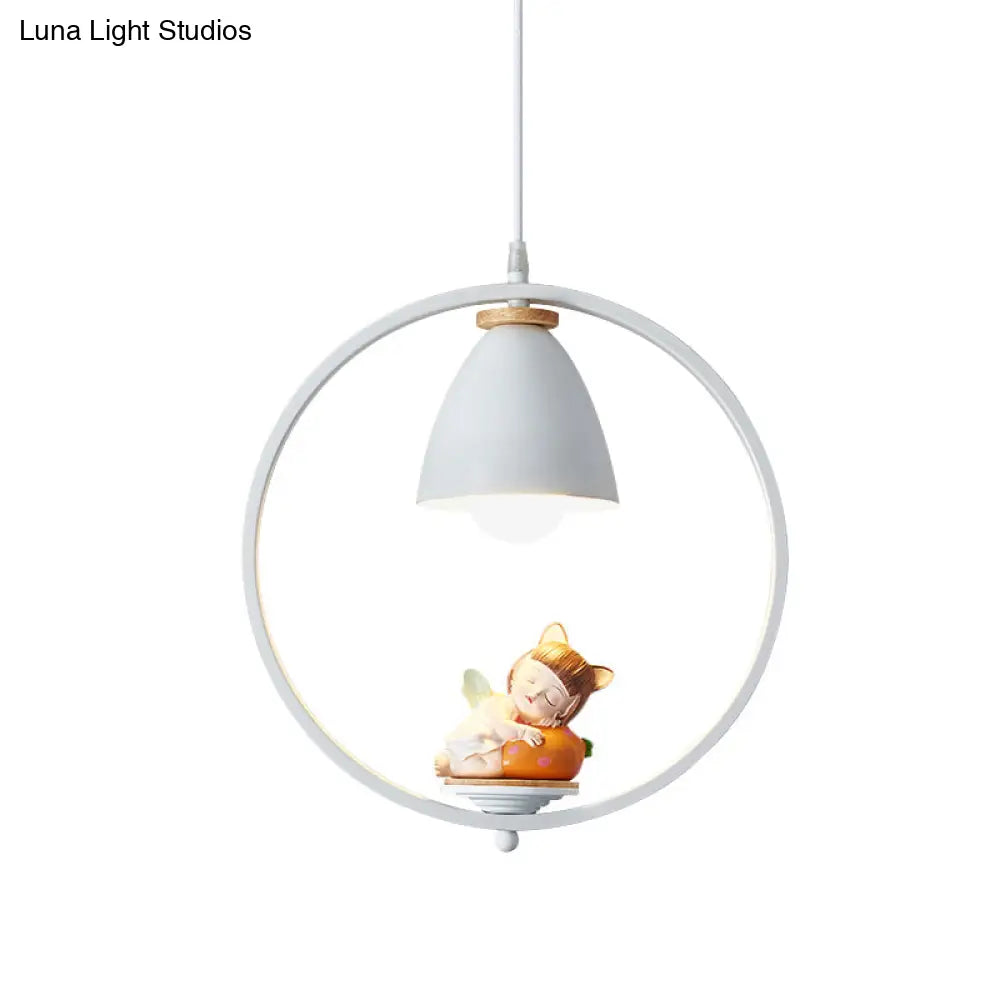 Nordic Hanging Light Kit - 1 Head Iron Bell And Ring Pendant Lamp White Finish With Whimsical