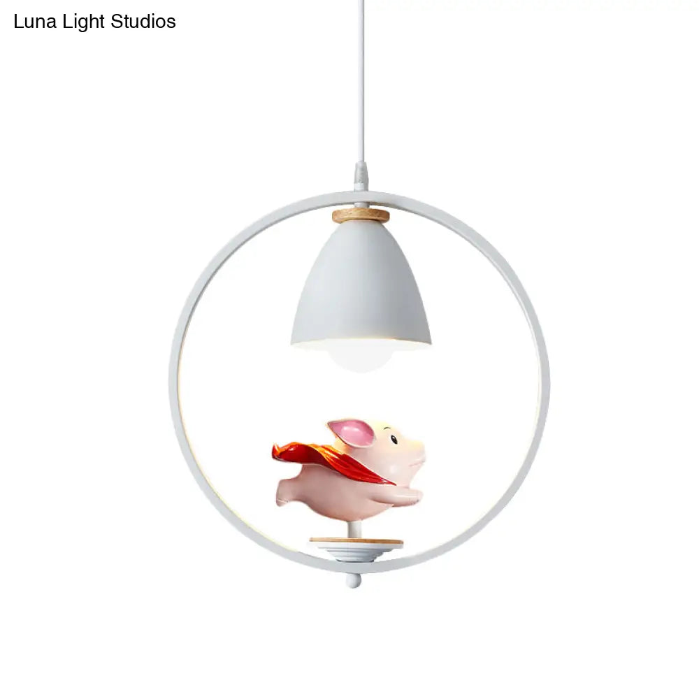 Nordic Hanging Light Kit - 1 Head Iron Bell And Ring Pendant Lamp White Finish With Whimsical