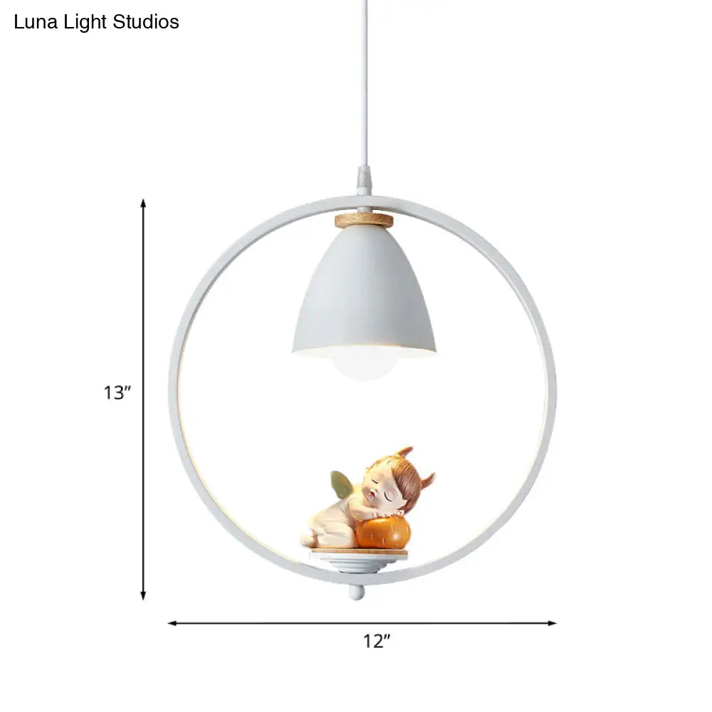 Nordic Hanging Light Kit - 1 Head Iron Bell And Ring Pendant Lamp White Finish With Whimsical