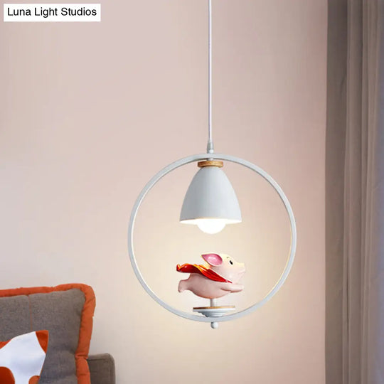 Nordic Hanging Light Kit - 1 Head Iron Bell And Ring Pendant Lamp White Finish With Whimsical