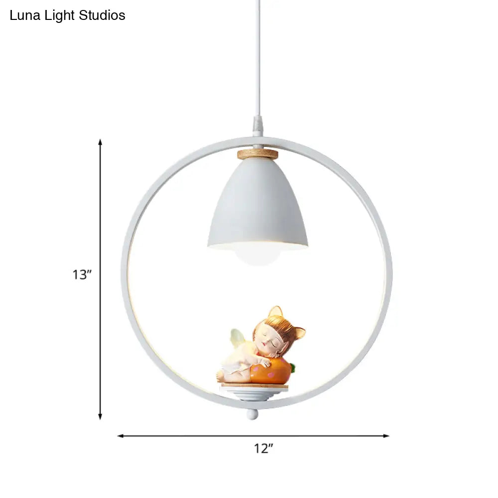 Nordic Hanging Light Kit - 1 Head Iron Bell And Ring Pendant Lamp White Finish With Whimsical