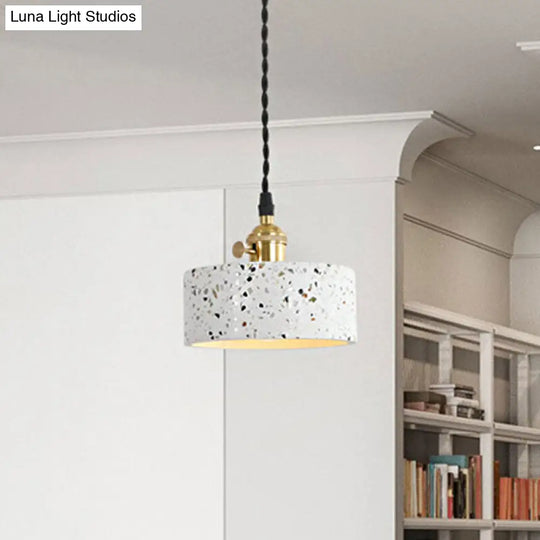 Nordic Hanging Pendant Light With Terrazzo Shade - White Disc/Cone/Cylinder Suspension Lighting / E