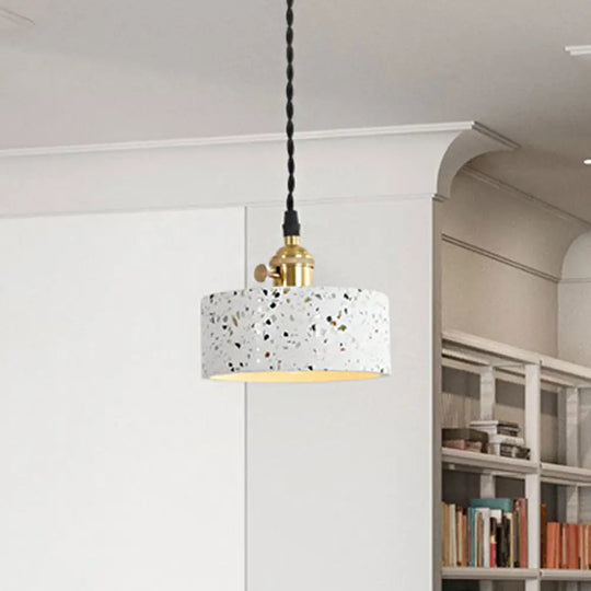 Nordic Hanging Pendant Light With Terrazzo Shade - White Disc/Cone/Cylinder Design / E