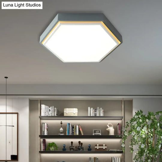 Nordic Hexagon Flushmount Metal Led Ceiling Light - Black/Green/Grey/White 16/19.5 Wide Frosted