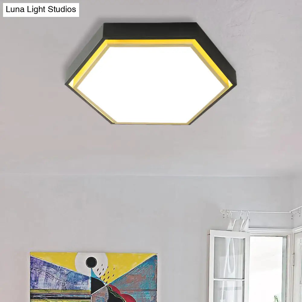 Nordic Hexagon Flushmount Metal Led Ceiling Light - Black/Green/Grey/White 16/19.5 Wide Frosted