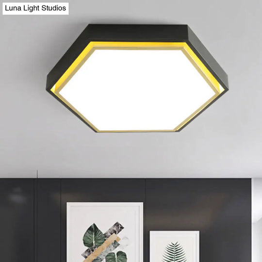 Nordic Hexagon Flushmount Metal Led Ceiling Light - Black/Green/Grey/White 16/19.5 Wide Frosted