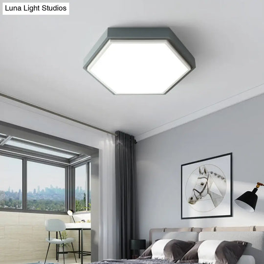 Nordic Hexagon Flushmount Metal Led Ceiling Light - Black/Green/Grey/White 16/19.5 Wide Frosted