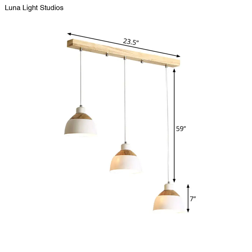 Nordic Iron 3-Head Bowled Splicing Multi-Pendant Suspension Light - White And Wood