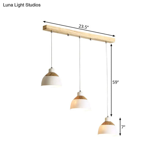 Nordic Iron 3-Head Bowled Splicing Multi-Pendant Suspension Light - White And Wood