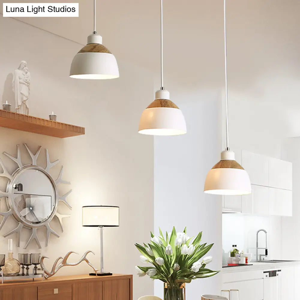 Nordic Iron 3-Head Bowled Splicing Multi-Pendant Suspension Light - White And Wood