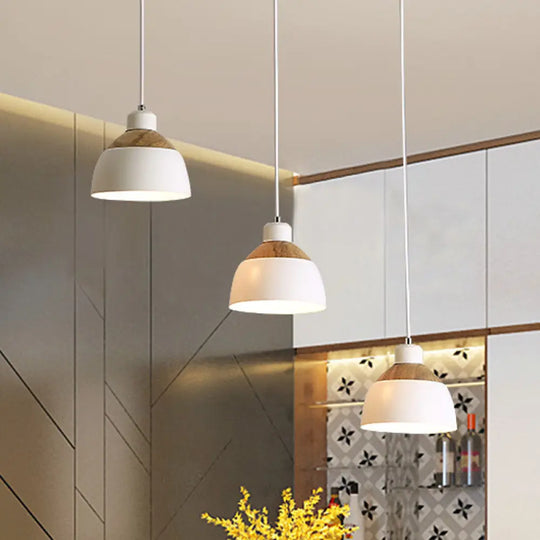 Nordic Iron 3-Head Bowled Splicing Multi-Pendant Suspension Light - White And Wood