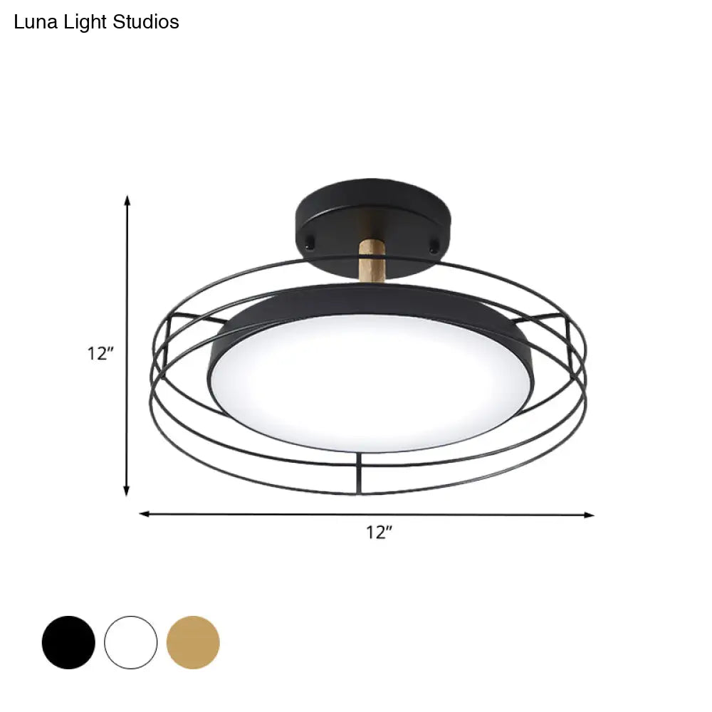 Nordic Iron Black/White/Gold Led Round Semi Flush Mount Ceiling Lighting With Wire Cage