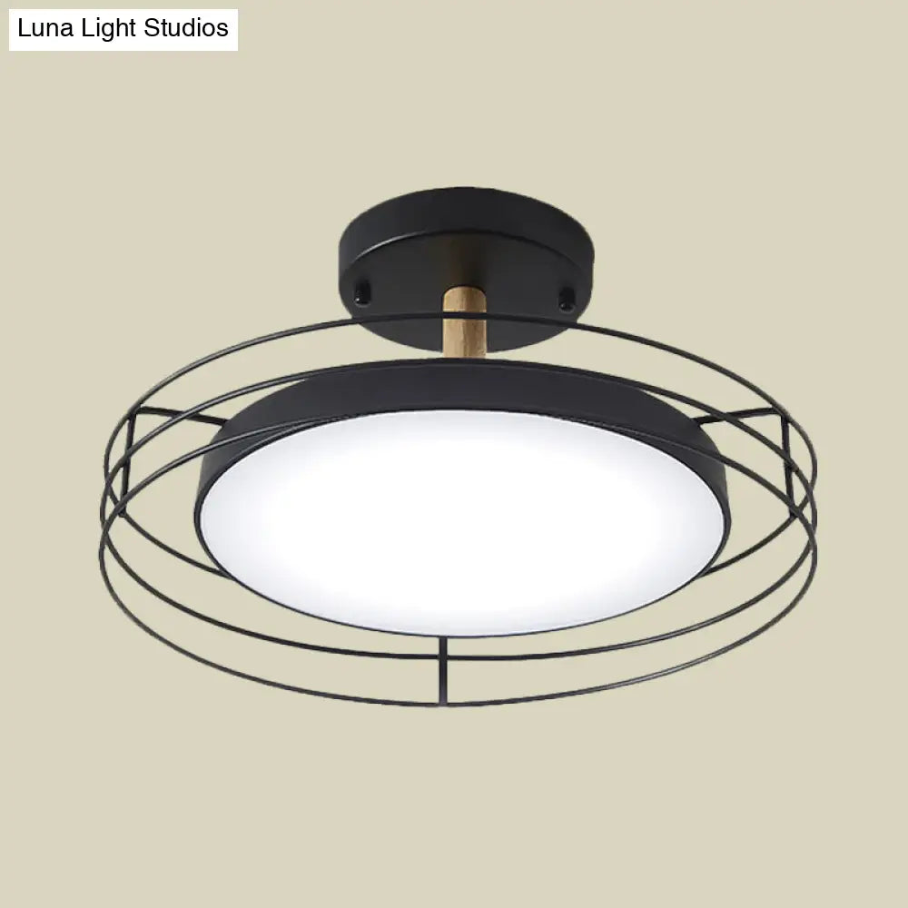 Nordic Iron Black/White/Gold Led Round Semi Flush Mount Ceiling Lighting With Wire Cage