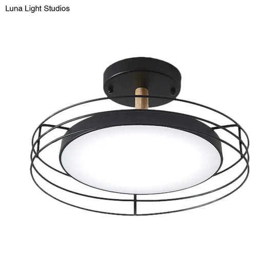 Nordic Iron Black/White/Gold Led Round Semi Flush Mount Ceiling Lighting With Wire Cage