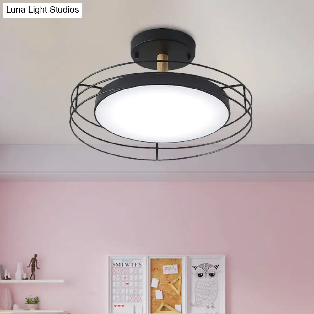 Nordic Iron Black/White/Gold Led Round Semi Flush Mount Ceiling Lighting With Wire Cage Black