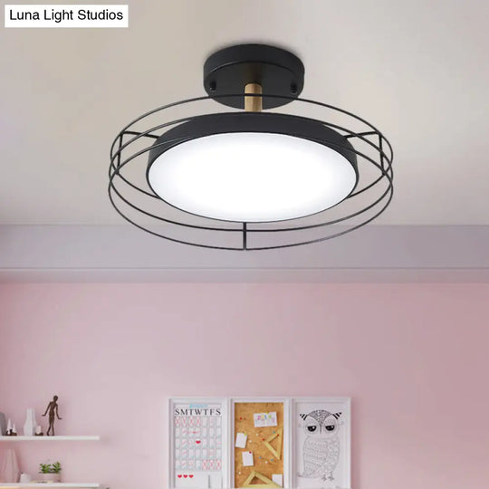 Nordic Iron Black/White/Gold Led Round Semi Flush Mount Ceiling Lighting With Wire Cage Black