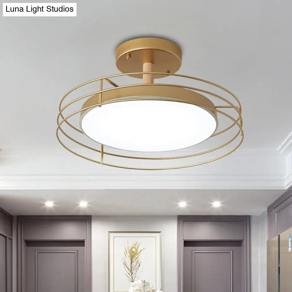 Nordic Iron Black/White/Gold Led Round Semi Flush Mount Ceiling Lighting With Wire Cage Gold