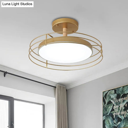 Nordic Iron Black/White/Gold Led Round Semi Flush Mount Ceiling Lighting With Wire Cage