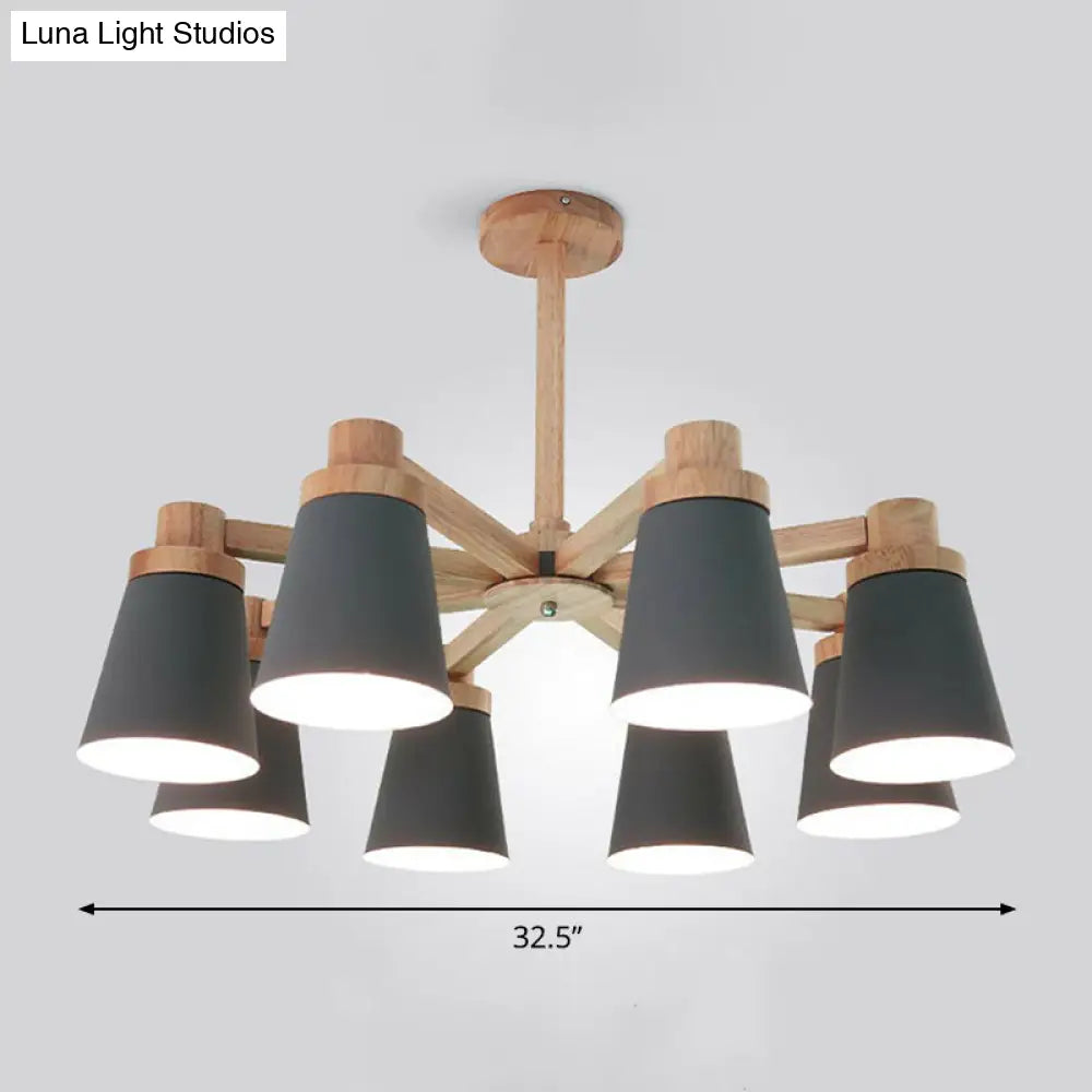 Nordic Iron Chandelier With Wooden Arm - Stylish Conical Suspension Light For Living Room