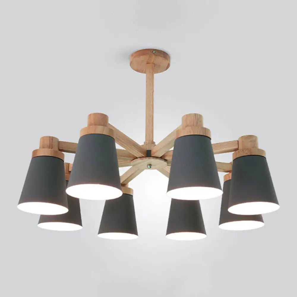 Nordic Iron Chandelier With Wooden Arm - Stylish Conical Suspension Light For Living Room Grey