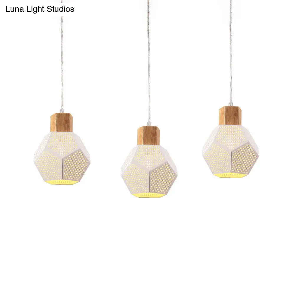 Nordic Iron Faceted Mesh Pendant Lamp - 3-Bulb White & Wood Ceiling Light For Table