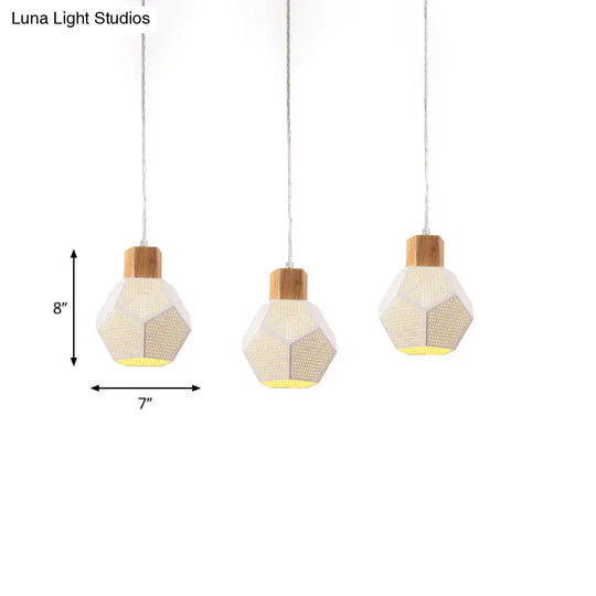 Nordic Iron Faceted Mesh Pendant Lamp - 3-Bulb White & Wood Ceiling Light For Table