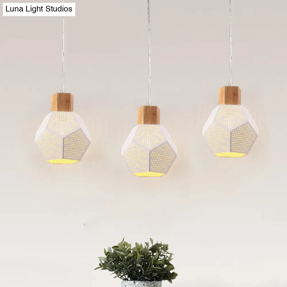 Nordic Iron Mesh Pendant Lamp With Faceted Bottle Design - 3 White And Wood Bulbs For Multi-Light