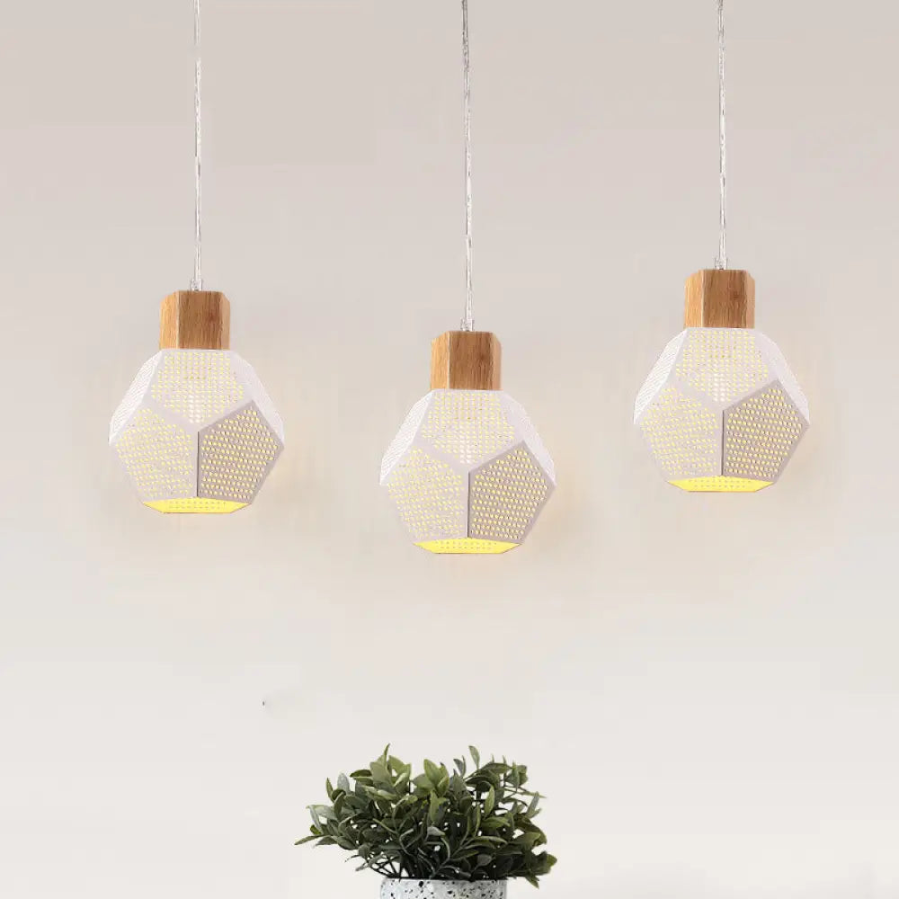 Nordic Iron Faceted Mesh Pendant Lamp - 3-Bulb White & Wood Ceiling Light For Table