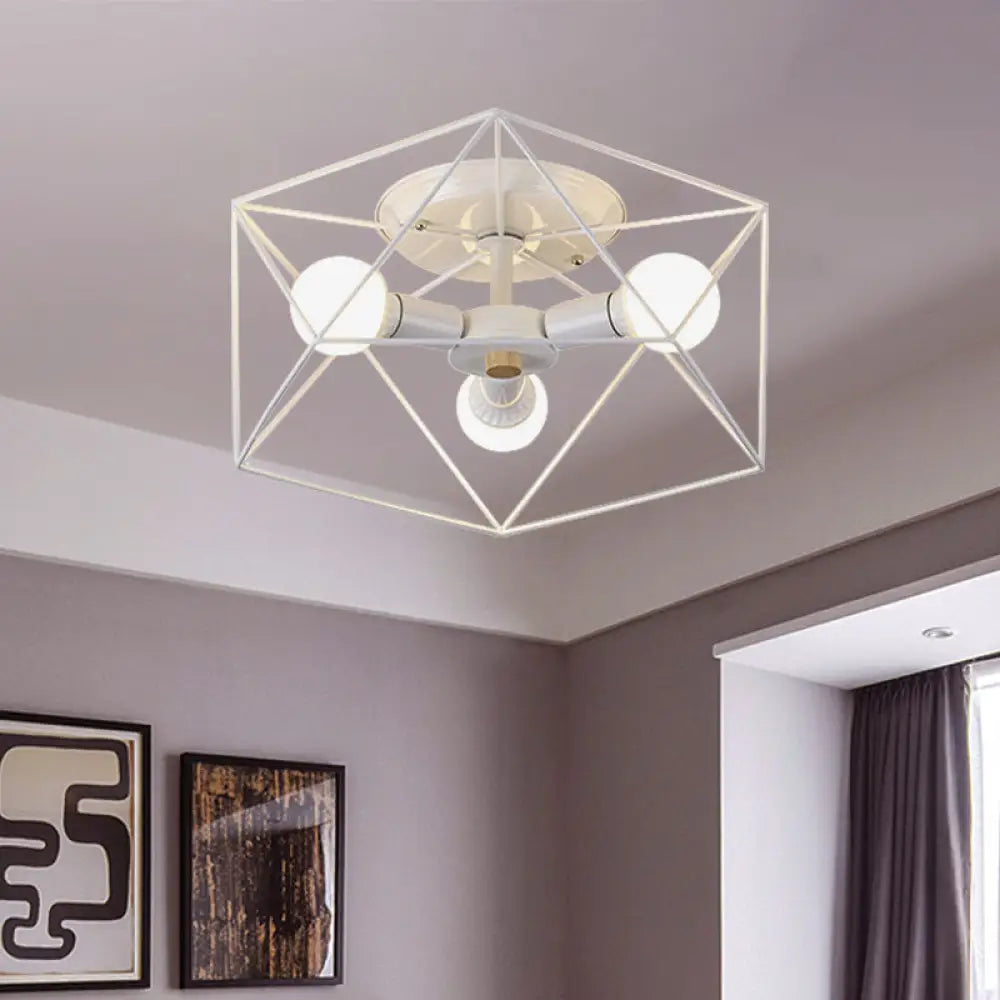 Nordic Iron Flush Mount Ceiling Light With Hexagon Cage | White| 3/6 Bare Bulb - Lit Fixtures 3 /