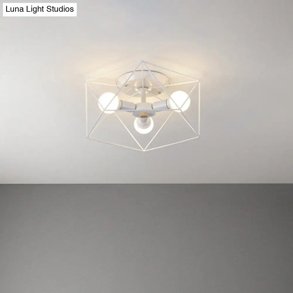 Nordic Iron Flush Mount Ceiling Light With Hexagon Cage | White| 3/6 Bare Bulb-Lit Fixtures