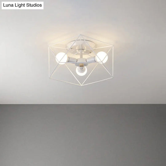 Nordic Iron Flush Mount Ceiling Light With Hexagon Cage | White| 3/6 Bare Bulb-Lit Fixtures